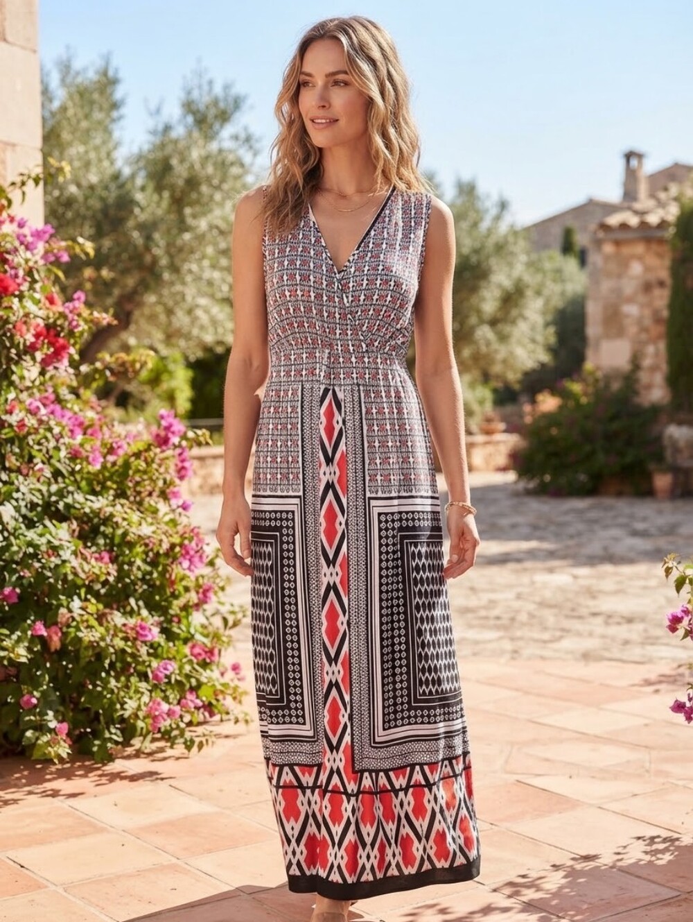 Mlle Gabrielle Black, White & Red Sleeveless Geometric Maxi Dress